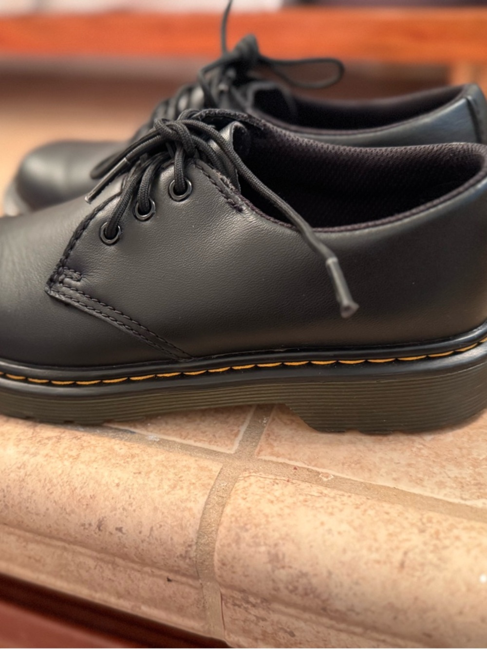 Dr. Martens Black Leather 3-Eye Derby with Yellow Welt Stitch. Hardly used